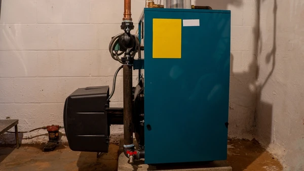 Sous-sol technique avec chaudière à mazout bleue installée contre mur en blocs de béton
